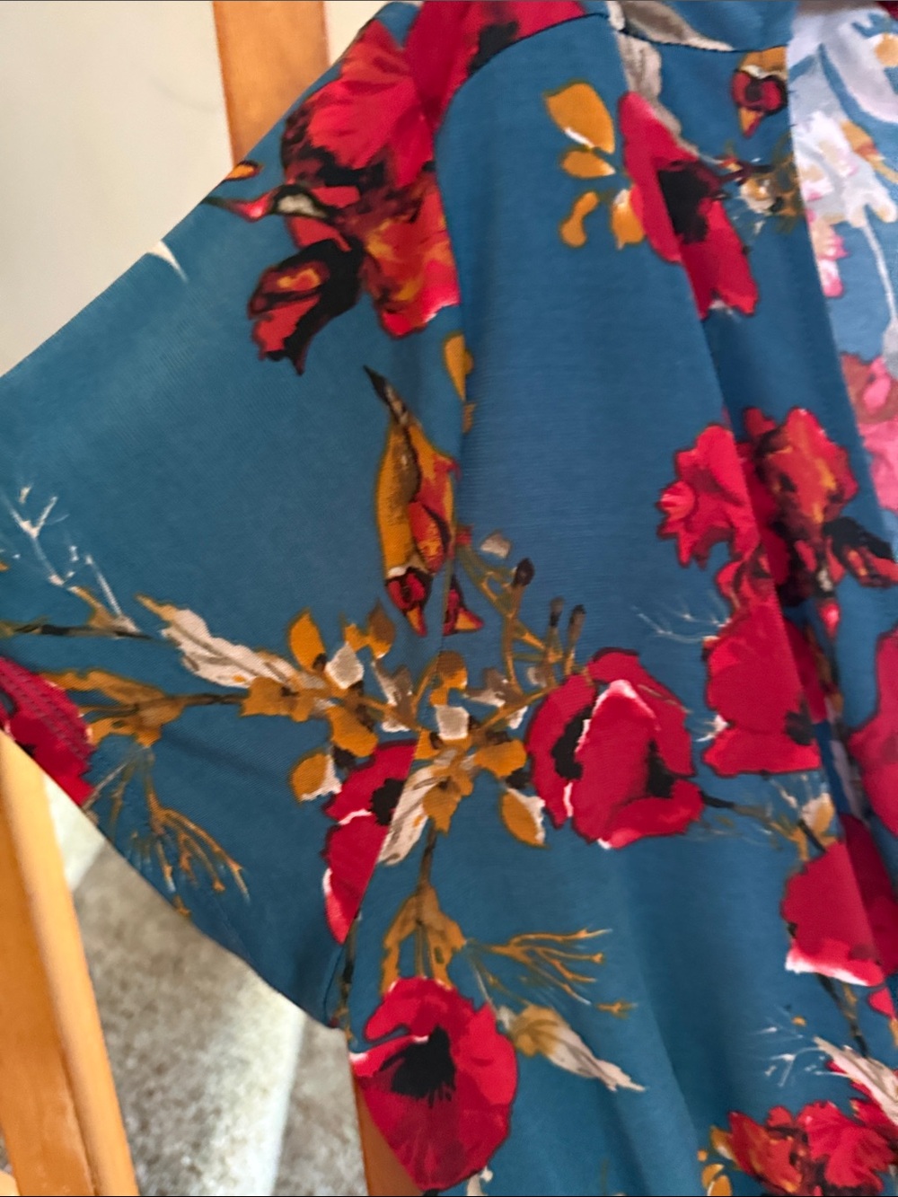 Teal Floral Wrap Dress with Red Bloom Print - Picture 4 of 8
